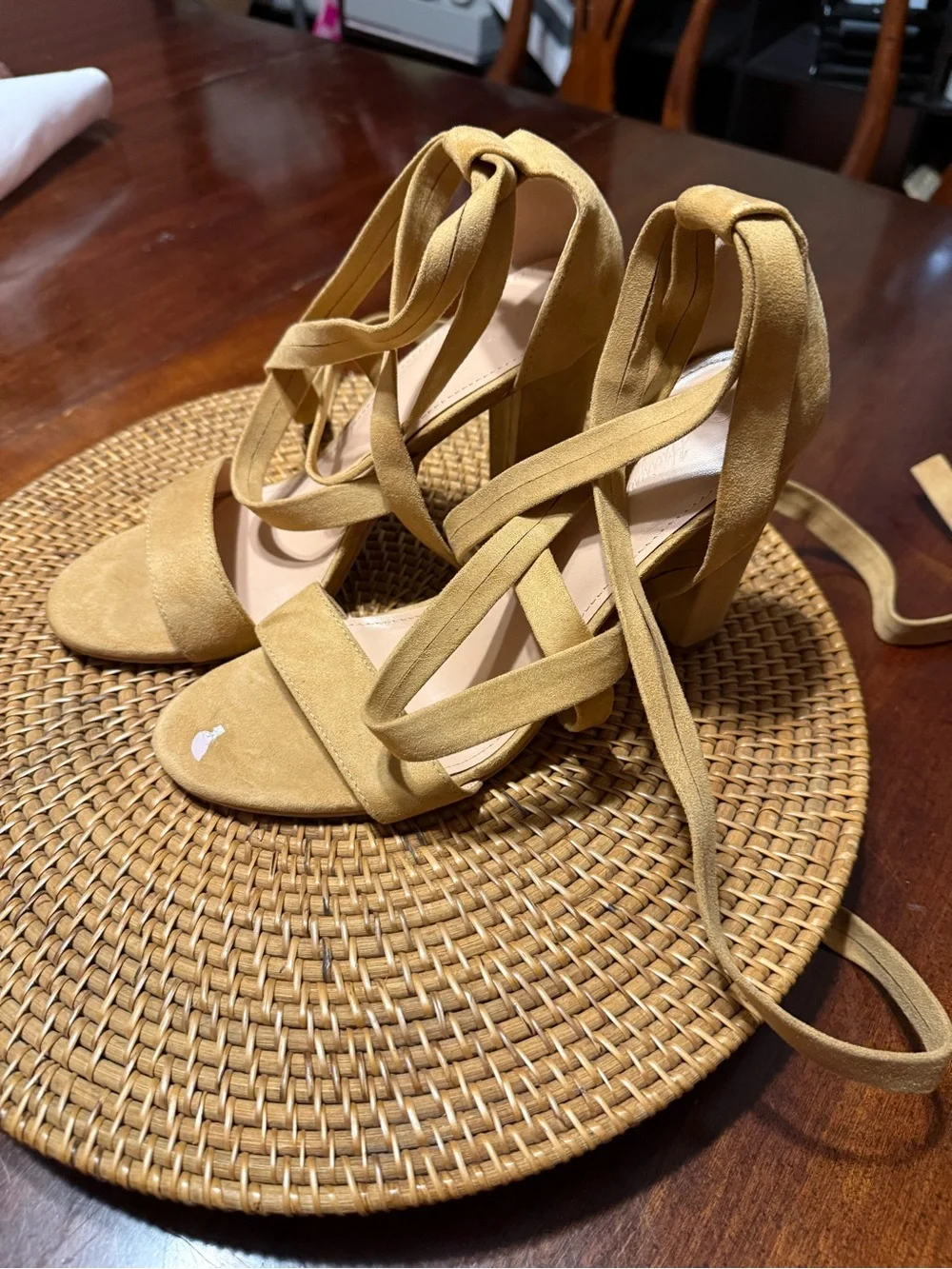 Suede Strappy Lace-Up‎ Sandals in Camel